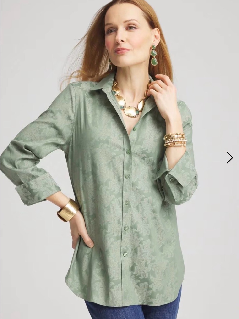 Chico's Sage Green Jacquard Button-Front Blouse No Iron NEW NON Tag Sz 2